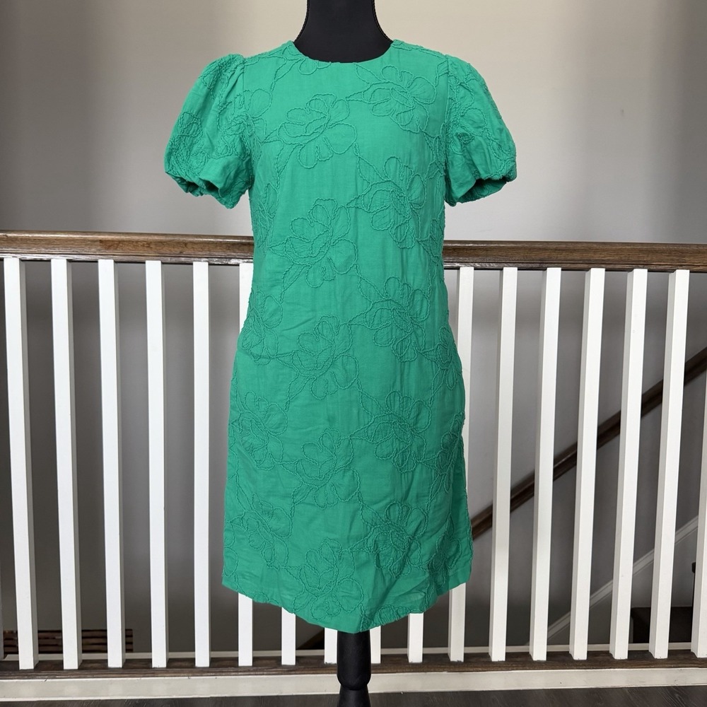 J Crew Eyelet Puff Sleeve Mini Dress Dublin Green Cotton Embroidered Sz 0 Preppy